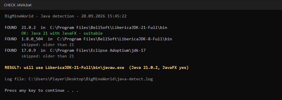 Вивід CHECK JAVA.bat: знайдено три версії Java, дві відкинуто як застарілі, обрана Liberica 21 з JavaFX.